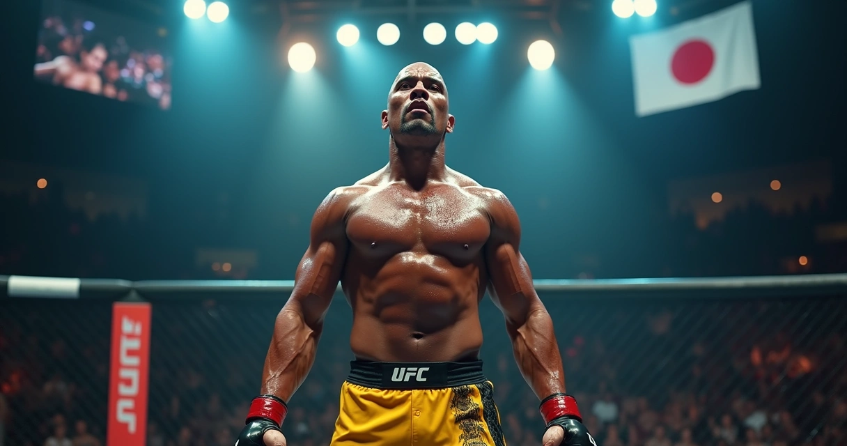 Lutador de MMA inspirado em The Rock no octógono sob holofotes, em clima dramático 
