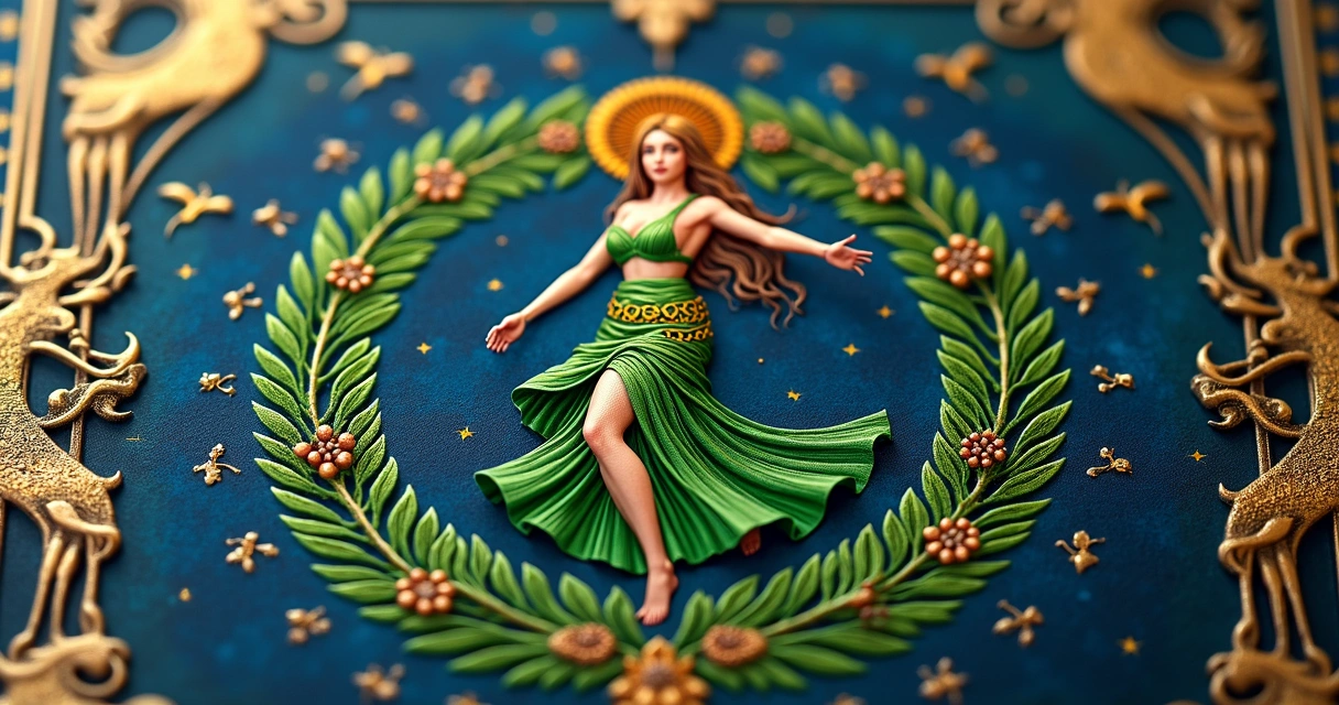 The World tarot card with a wreath, four creatures and a dancing figure in vibrant colors 