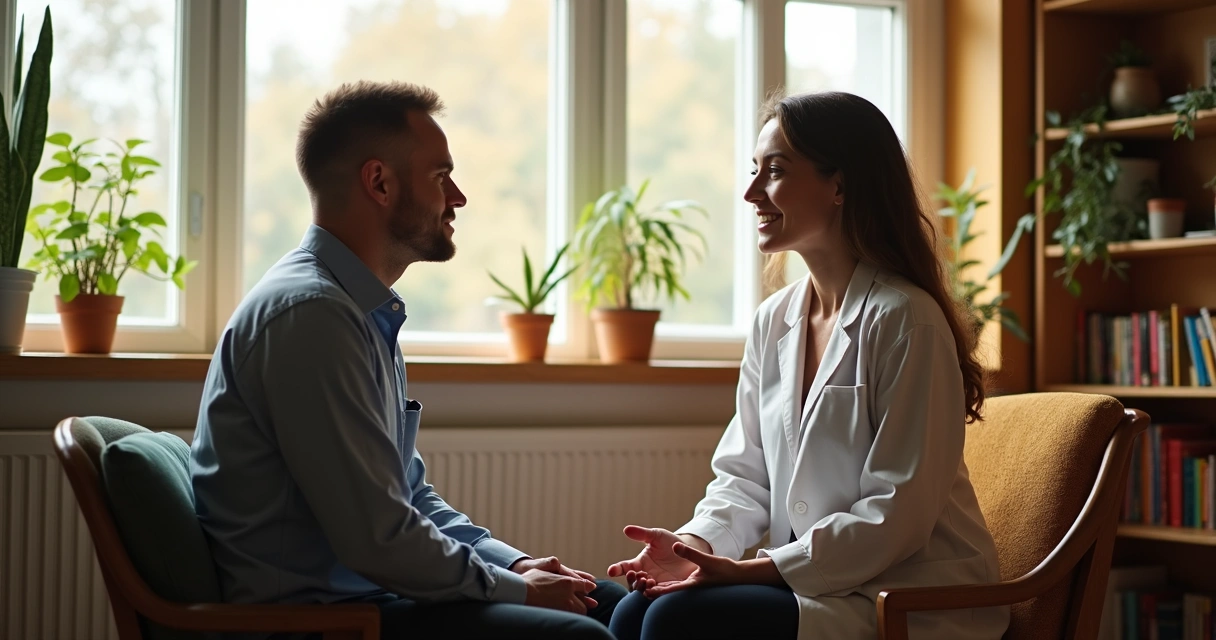 Therapist and client talking in a bright room with bookshelves in the background. 