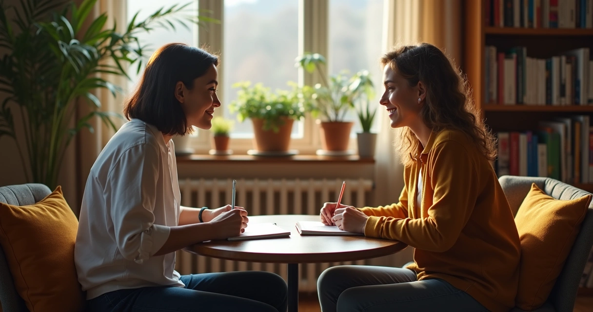 Facilitator and person sitting together discussing as equals 