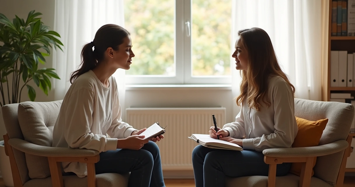 Therapist and client talking with notebook in a calm office