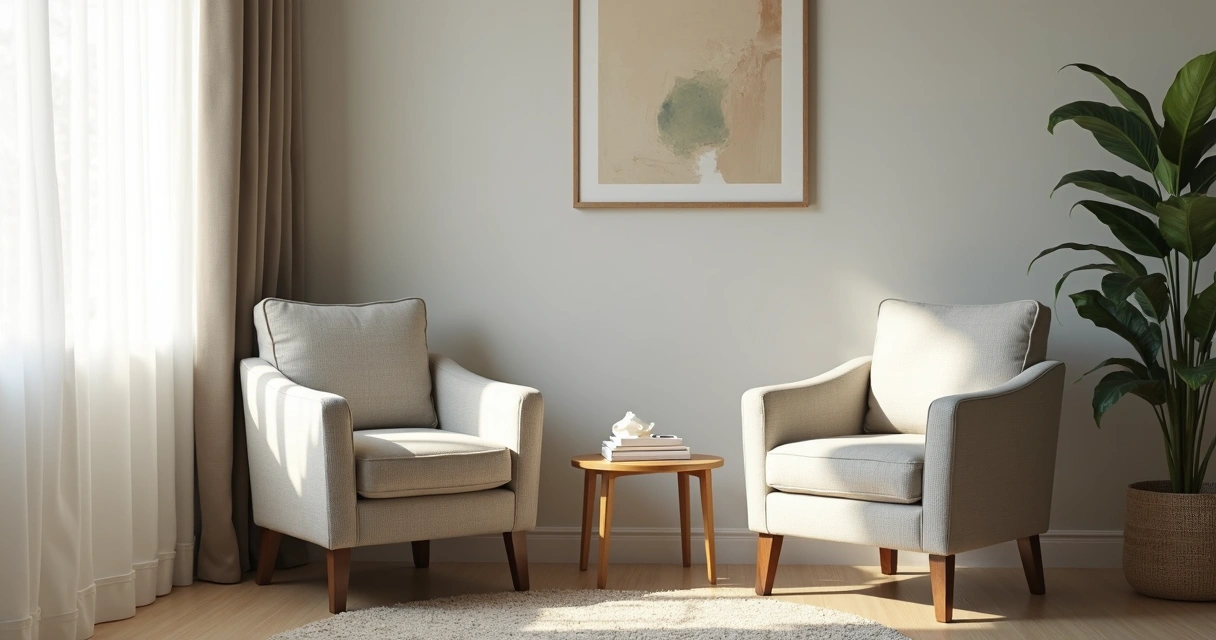 Two chairs facing each other in a calm therapy room 