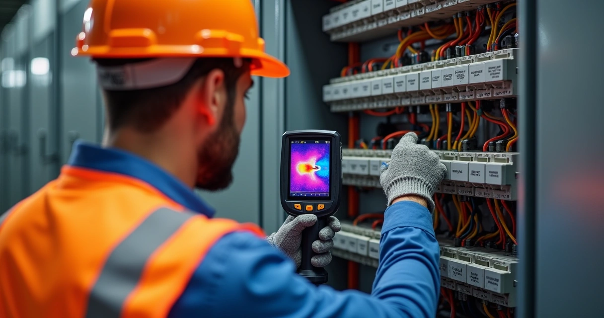 Industrial worker inspecting electrical panel with thermal camera 