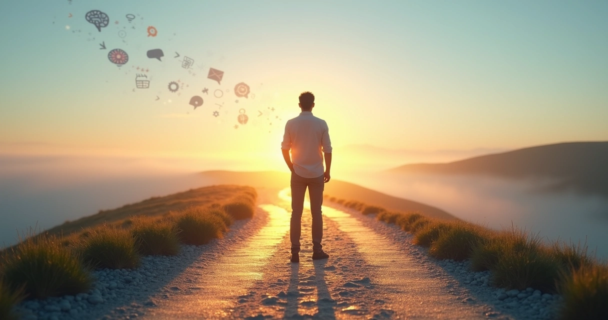 Person standing at a crossroads where thoughts and actions align into one clear path 