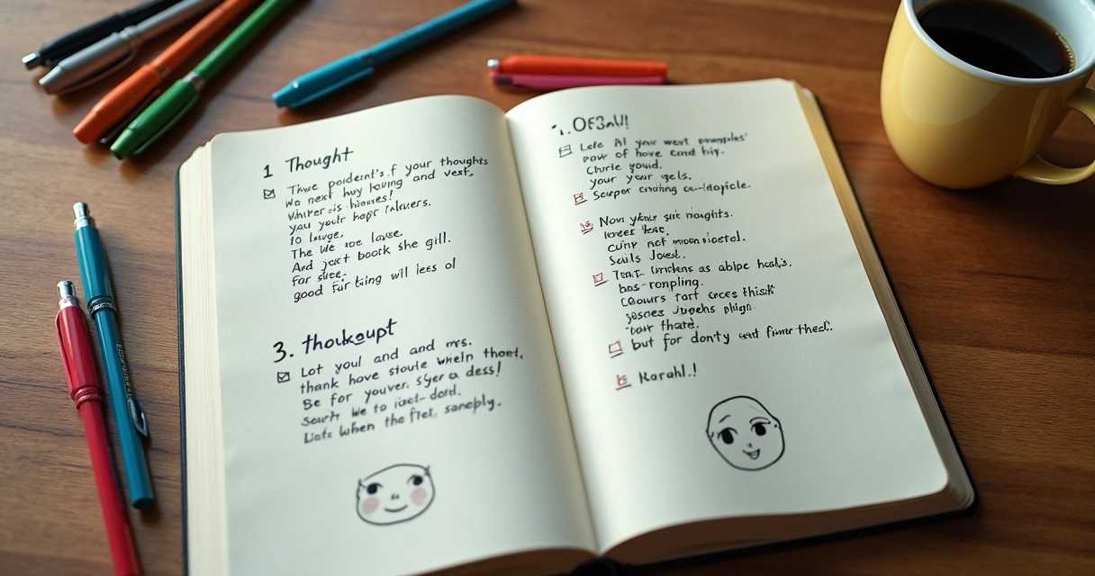 Notebook open on a desk with handwritten thoughts 