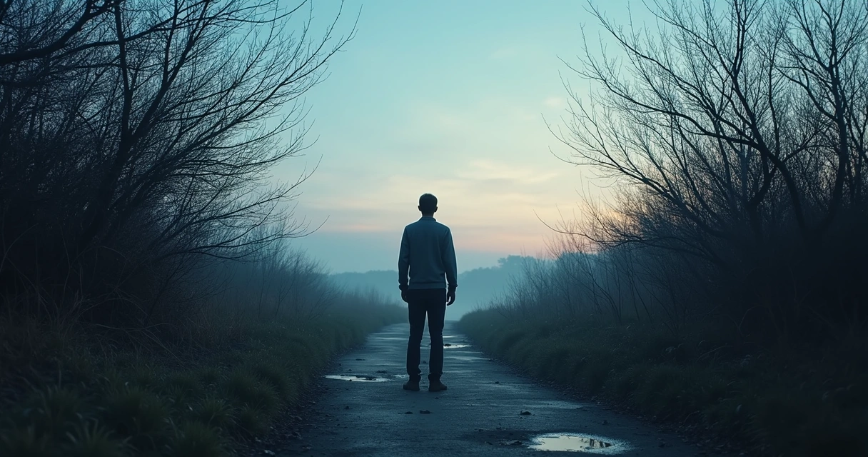 Person facing a tangled thought loop and a clear path 