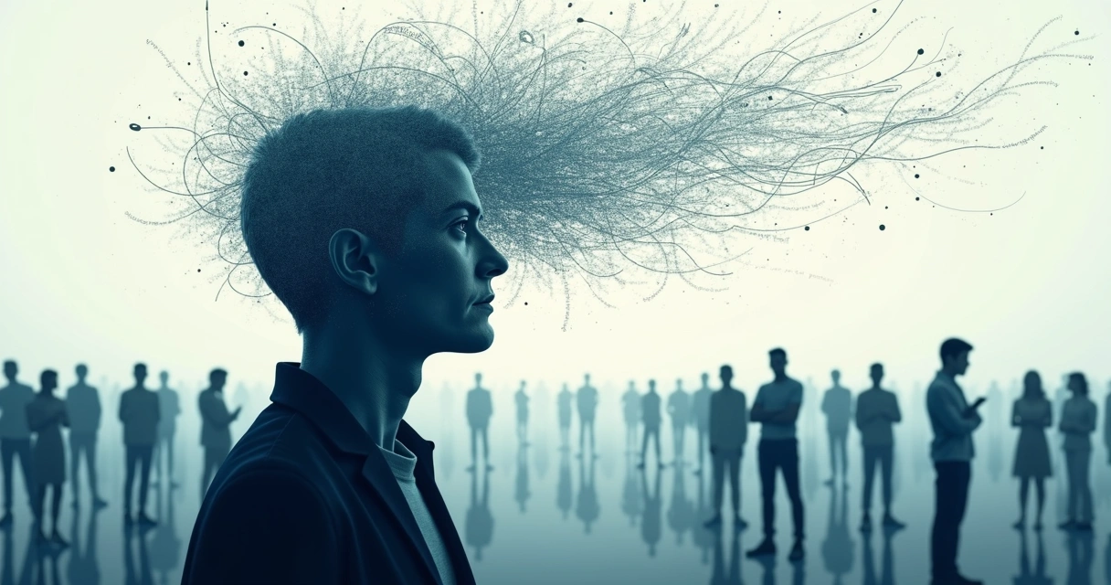 Human silhouette surrounded by swirling thoughts and arrows affecting group of people 