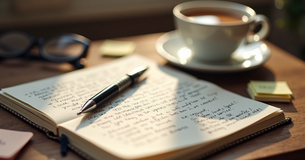 Open notebook on desk with handwritten reflections, pen nearby, cup of coffee, and soft ambient light 