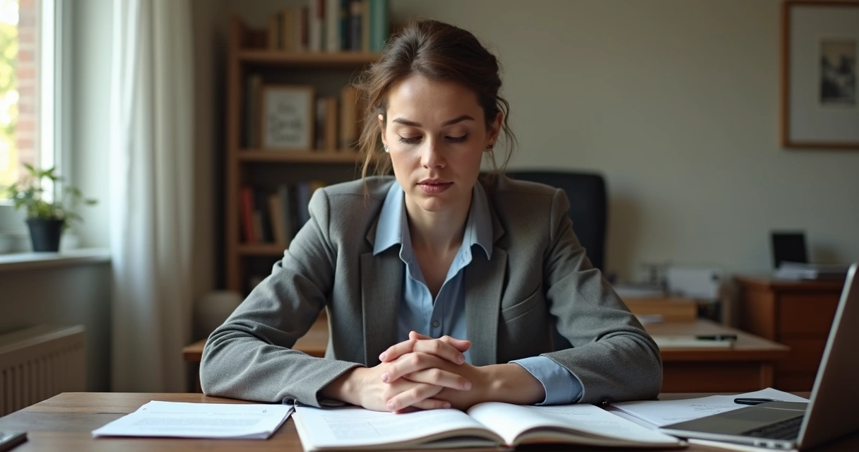 Person sitting at a desk, hands clasped, looking thoughtful among notes and documents. 