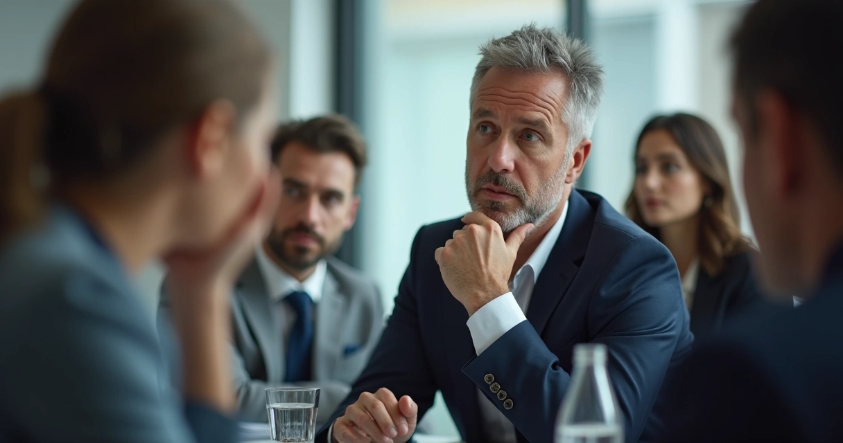Leader pausing in a meeting for thoughtful decision making