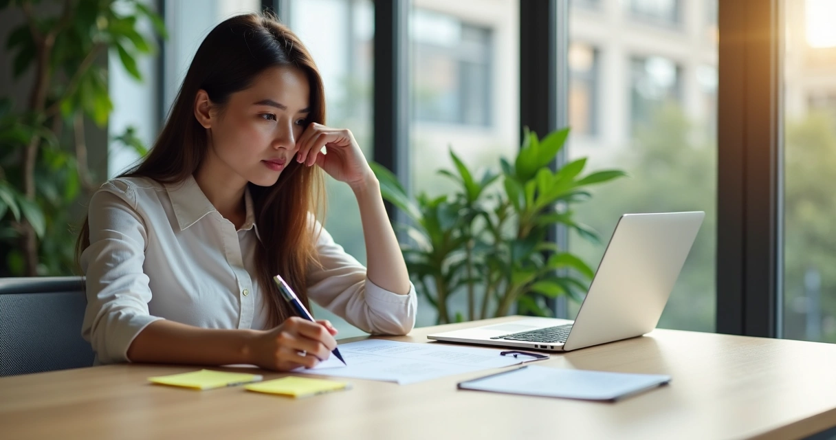 Person reviewing meeting agenda at desk with calm expression
