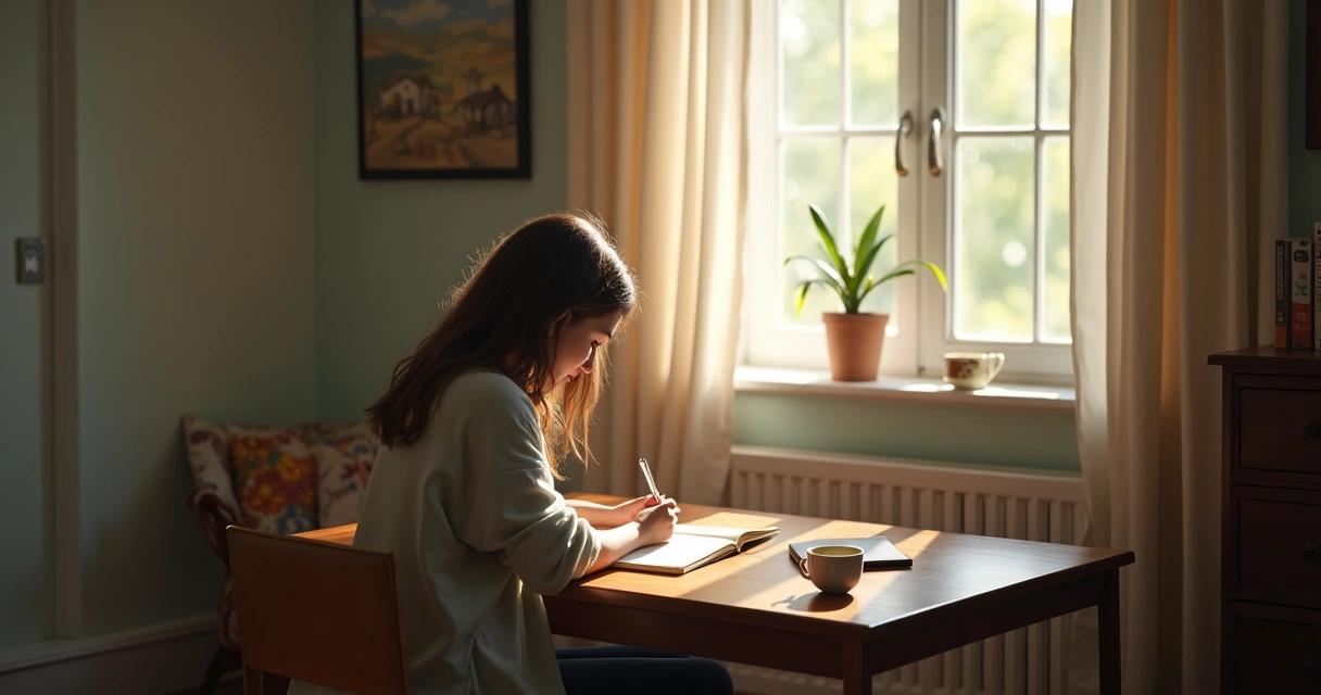 Person sitting alone with a journal, reflecting thoughtfully 