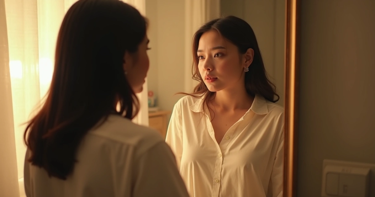 Reflection of a person looking at themselves in a mirror, appearing thoughtful