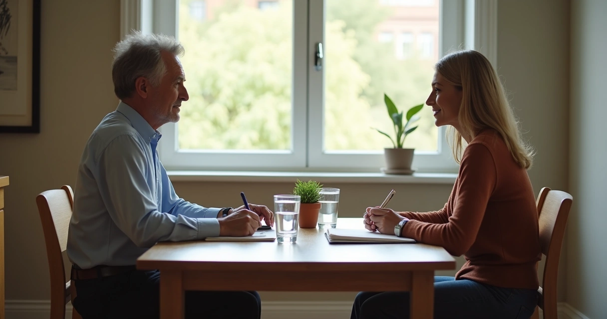 Two people having a calm reflective conversation at a table 