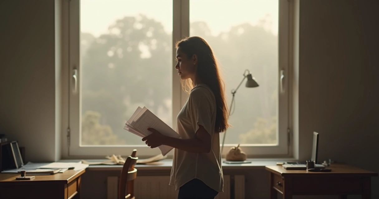 Person reflecting by a window with notes in hand