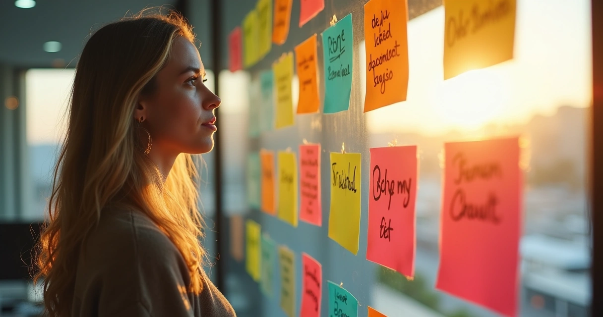 Woman looking at sticky notes with thoughts on a wall.