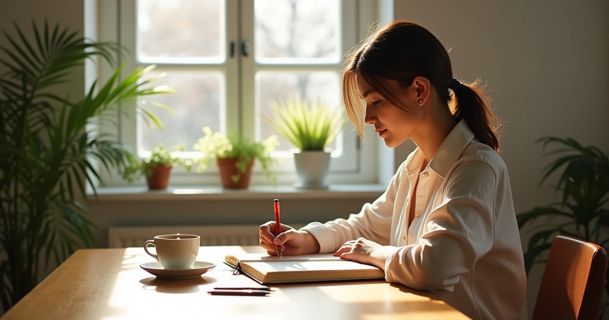 Woman journaling at a desk with coffee and plants 