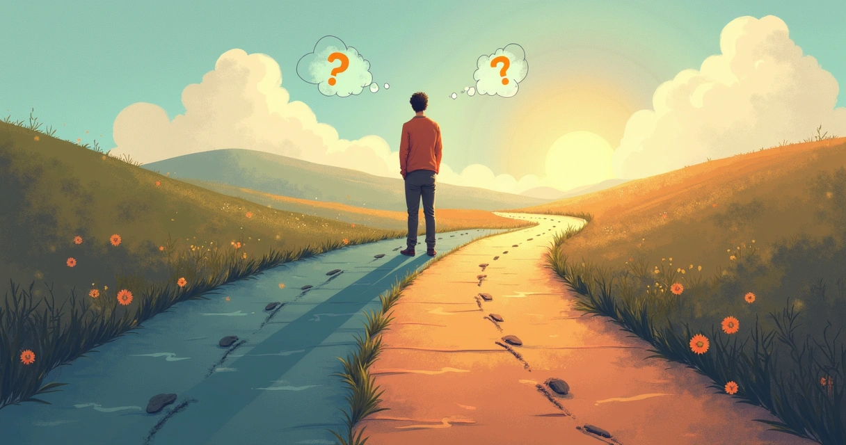 A person standing between two paths, one bright and one shadowed, showing inner conflict.