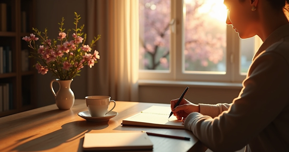 Person journaling thoughts at a desk during morning light. 