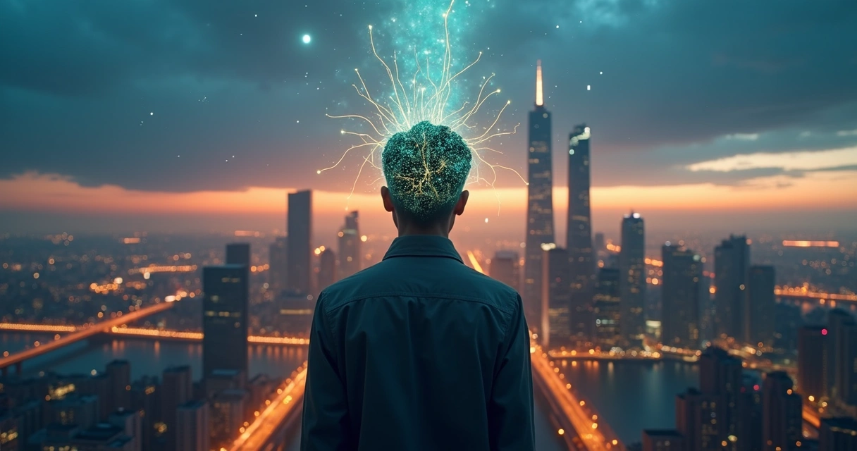 Silhouette of a person with luminous thoughts blending into a city skyline 