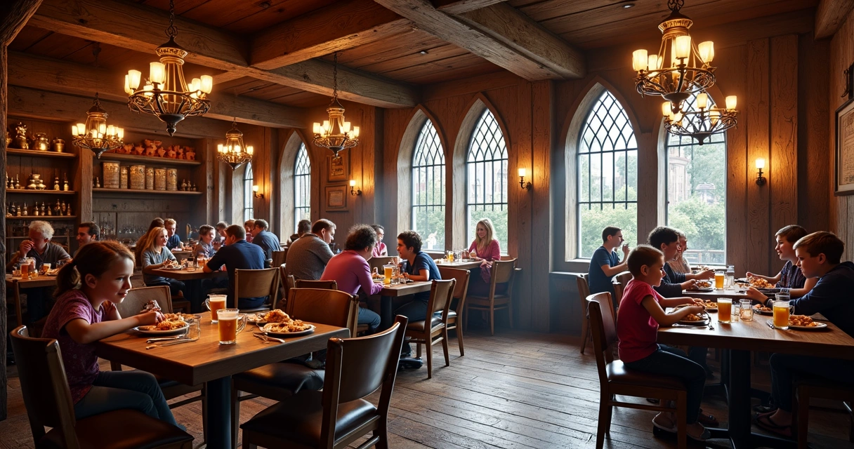 Interior do restaurante Three Broomsticks com decoração temática de Harry Potter 