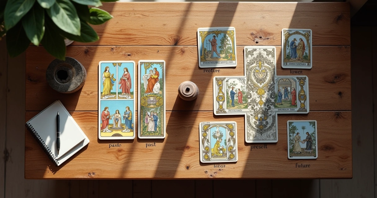 Tarot three card and celtic cross spread on a table 