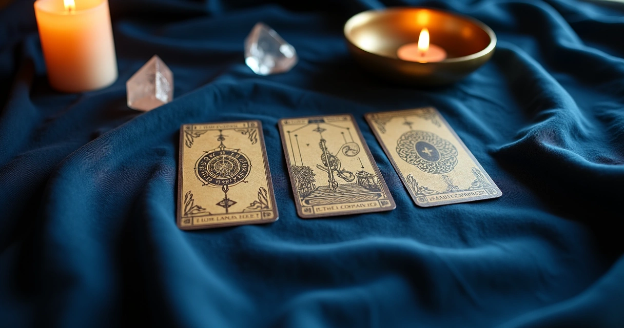 Three-card tarot spread arranged on a dark cloth 