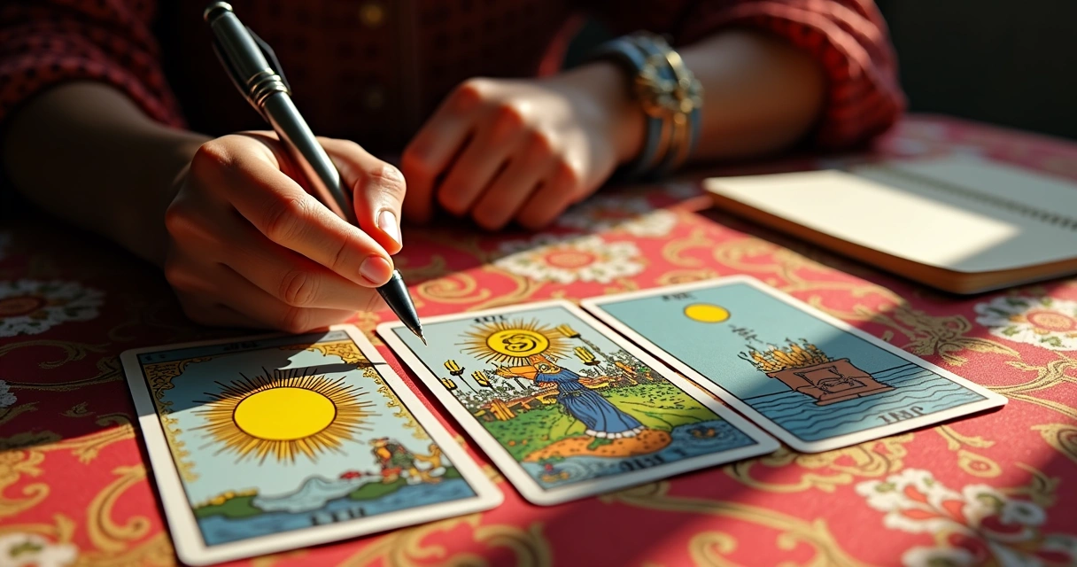 Three tarot cards laid out in a row on a patterned cloth 