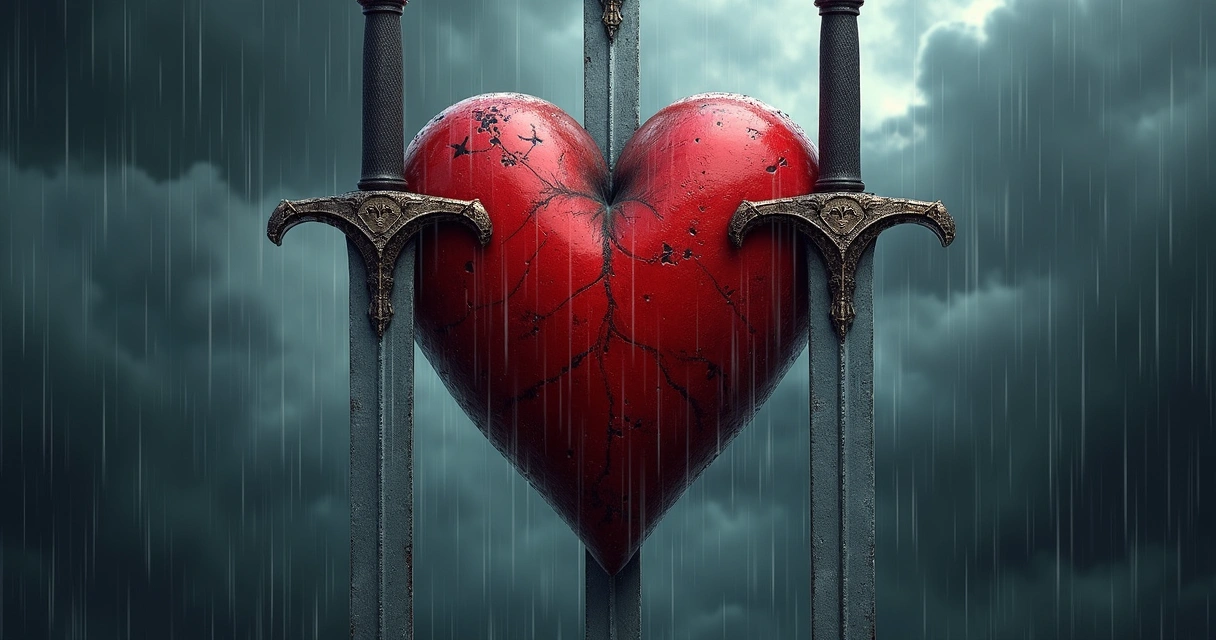 Tarot Three of Swords card with heart and swords in stormy background 