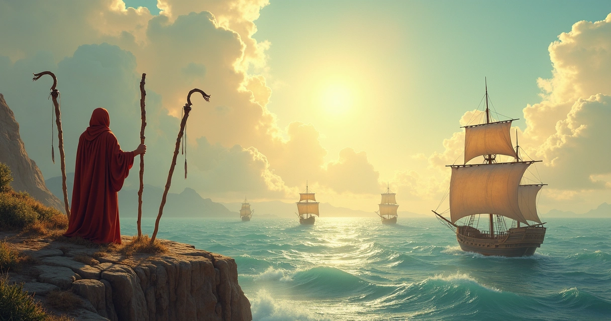 Three of Wands tarot card with figure overlooking vast ocean and ships on horizon