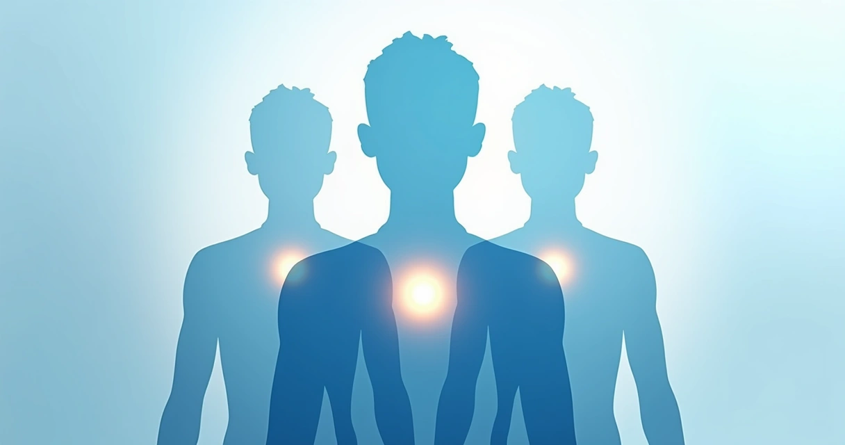 Abstract concept showing three overlapping human silhouettes with glowing centers