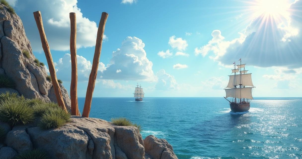 Three tall wands on a cliff with the ocean and distant ships below 