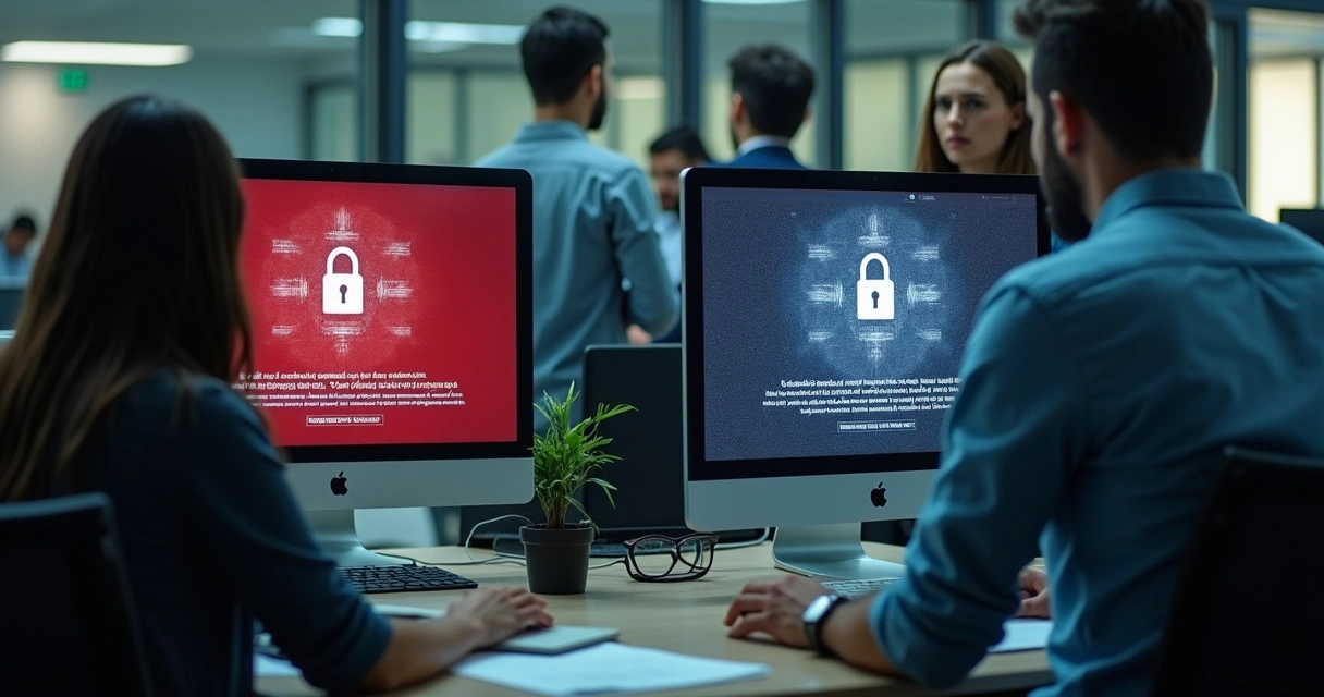 Telas de computador de uma PME mostrando mensagem de ransomware, ambiente corporativo moderno e pessoas com expressão preocupada. 