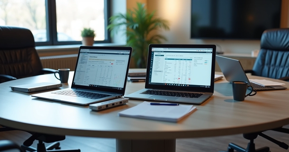Notebooks abertos em mesa de reunião com equipamentos de TI 