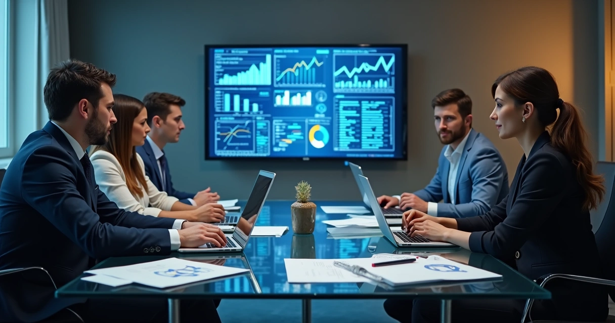 Equipe de TI reunida com notebooks em uma mesa revisando gráficos e relatórios 