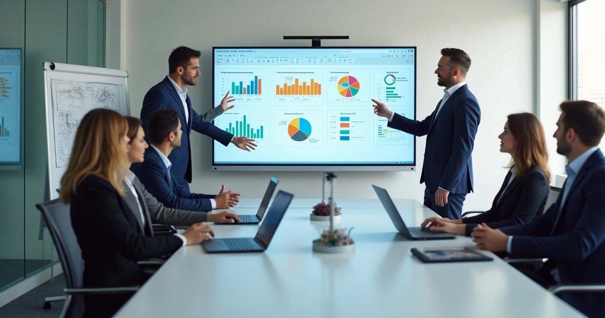 Equipe de TI e gestores analisando fluxos de integração ERP em sala corporativa 