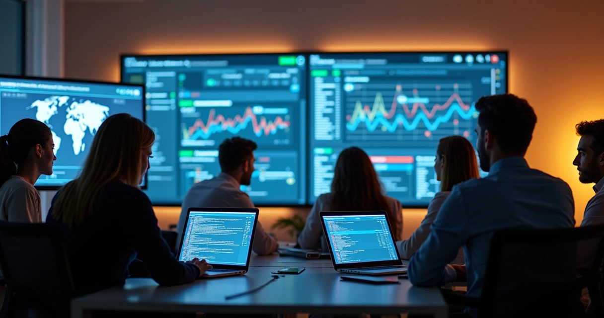 TI de empresas analisando integrações bancárias em tela grande. 