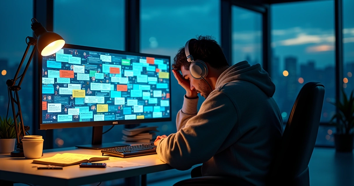 Profissional de TI cercado por notificações caóticas de chat em escritório moderno 