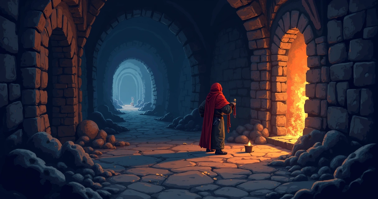 Personagem do Tibia em ambiente misterioso explorando tocha acesa 