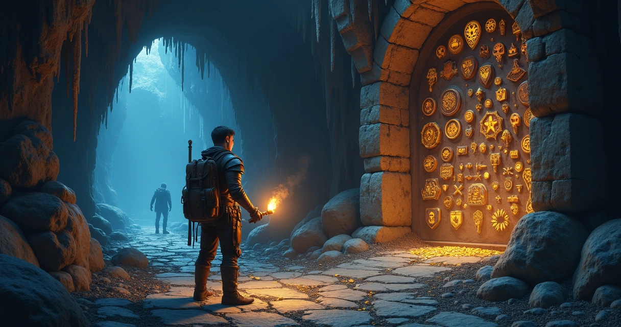 Personagem de Tibia examinando mural de achievements ocultos em caverna misteriosa 