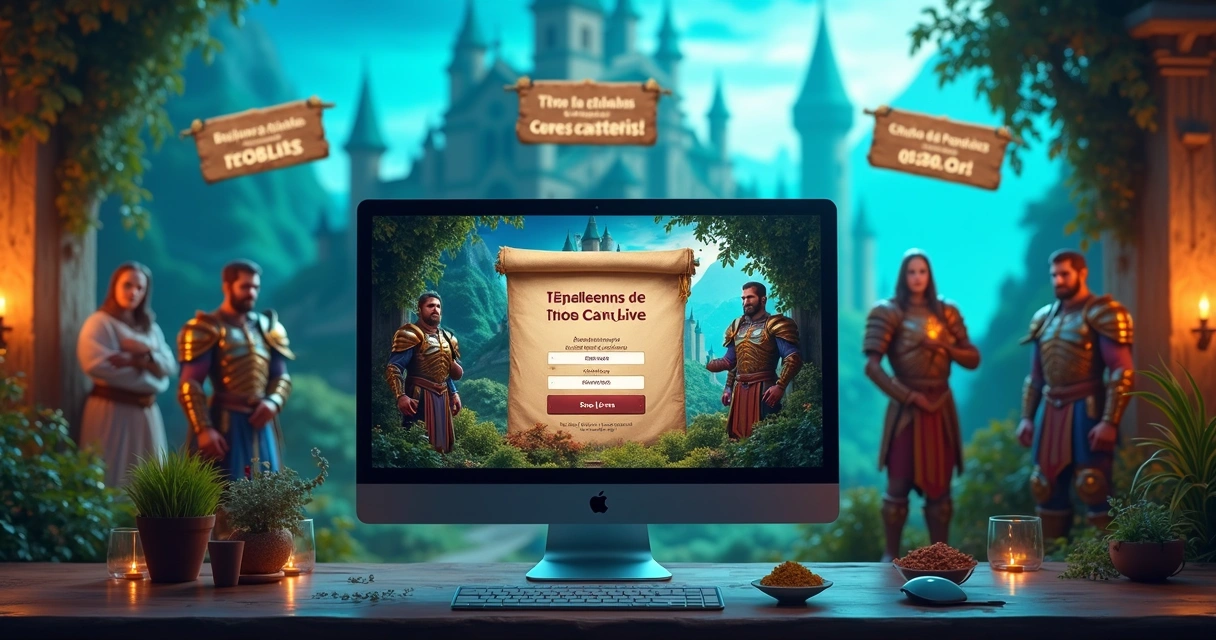 Computador com tela exibindo inscrições abertas para concurso do Tibia, com personagens do jogo ao fundo e elementos gráficos coloridos de fantasia 