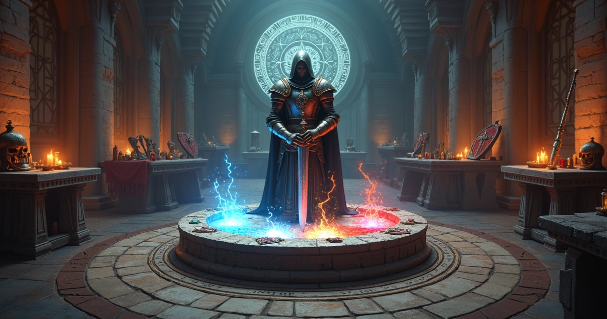 Guerreiro de Tibia aplicando imbuement mágico em espada brilhante 