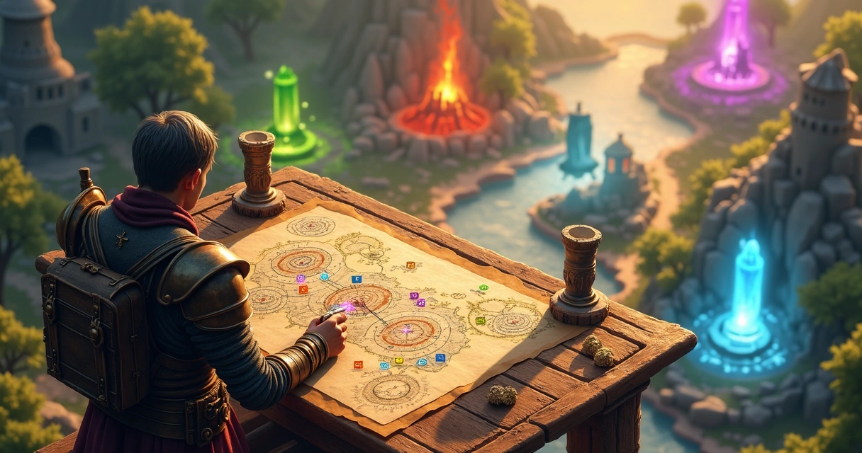 Personagem de Tibia analisando mapa de mini world com portais mágicos ao fundo 