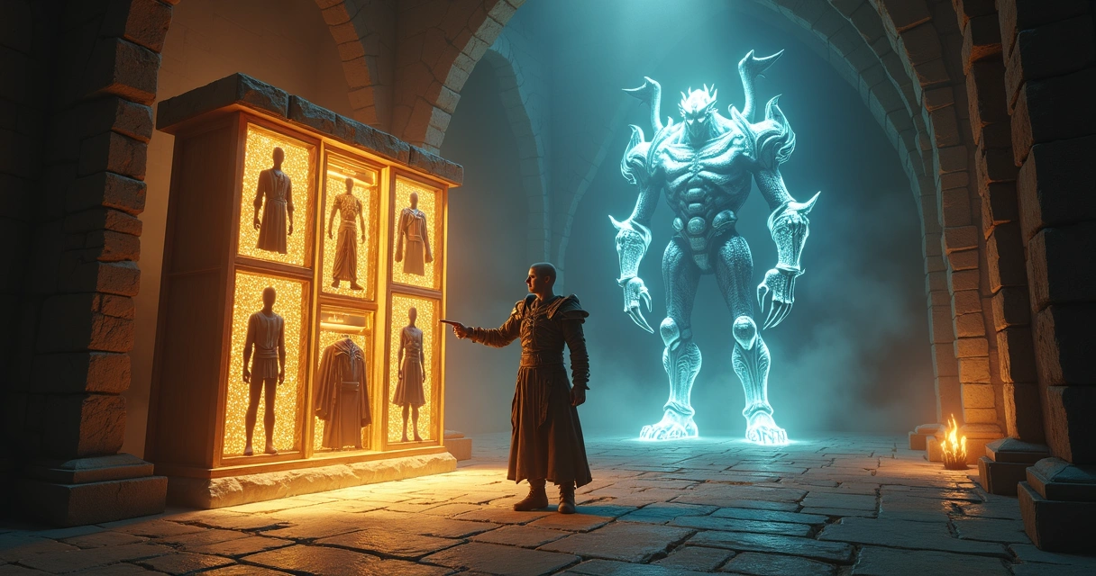 Personagem de Tibia escolhendo outfit para hunts e eventos de boss 