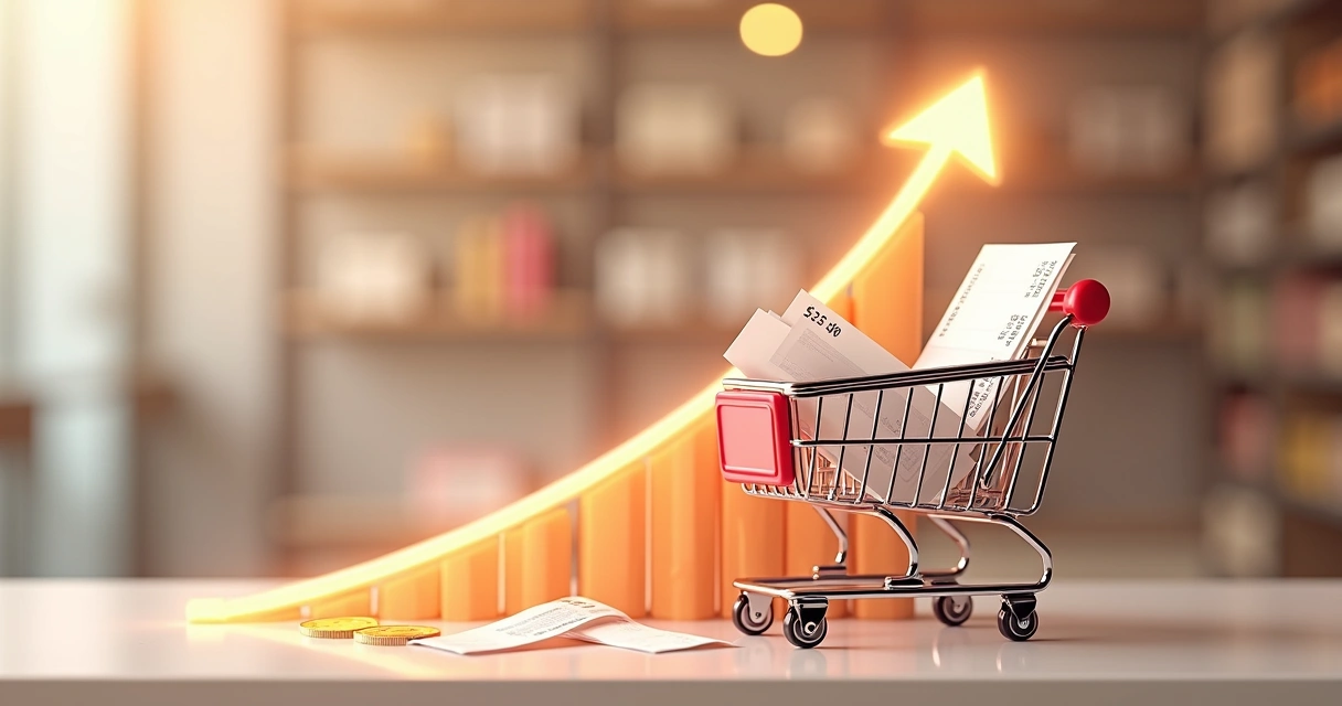 Representação visual de ticket médio crescendo ao lado de compras online 
