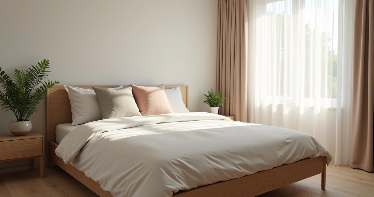 Tidy bedroom with a made bed and sunlight 