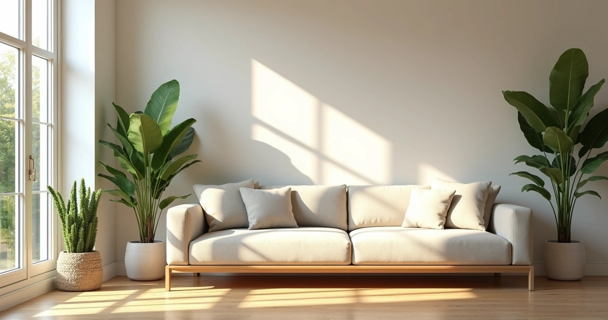 Bright living room with tidy surfaces and sunlight 