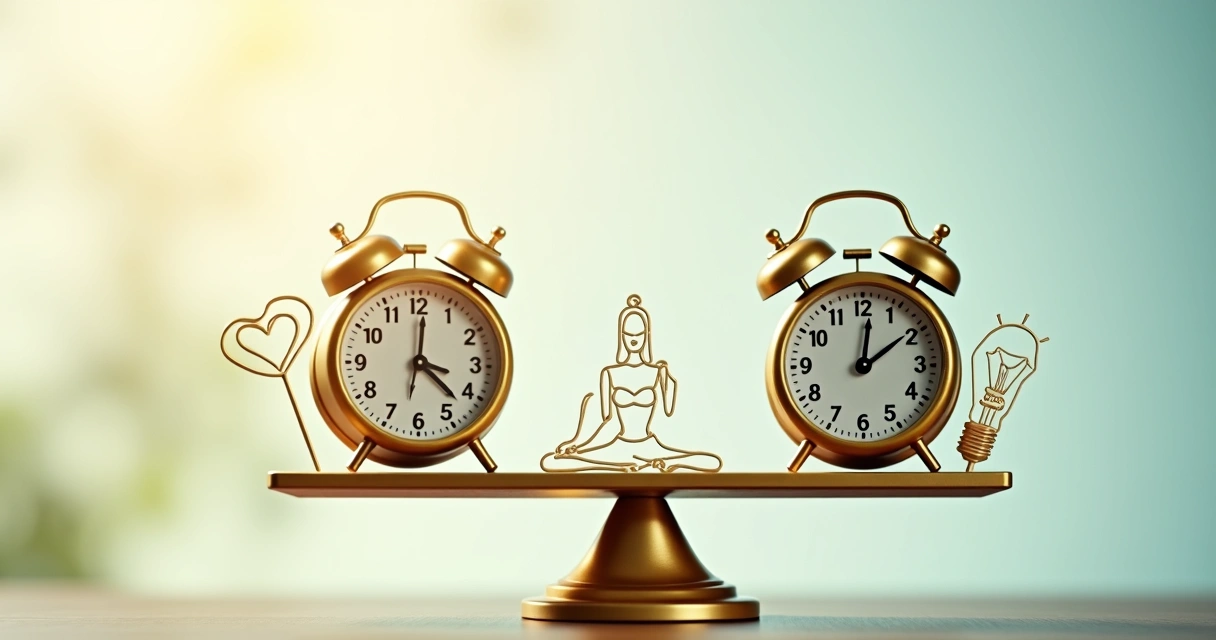 Calendario, relojes y elementos relacionados con bienestar representados en equilibrio sobre una balanza.