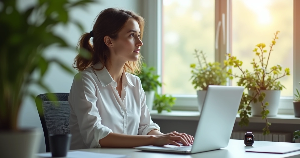 Persona descansando la vista frente a una computadora portátil apagada