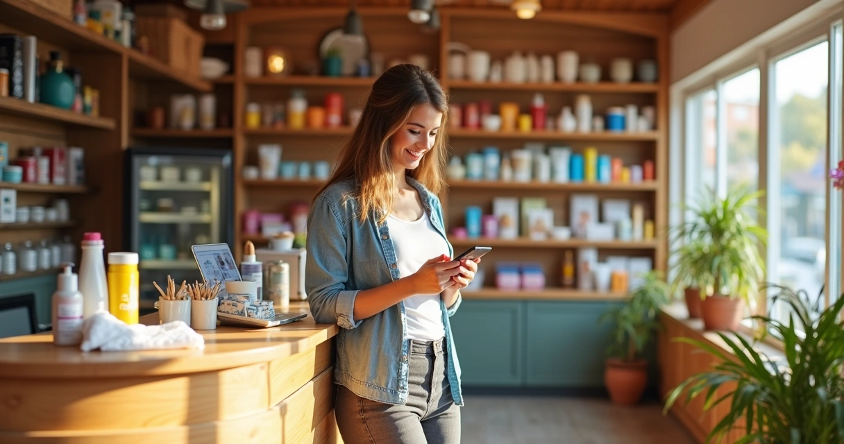 Cliente en tienda local escribiendo correo en dispositivo móvil, productos al fondo